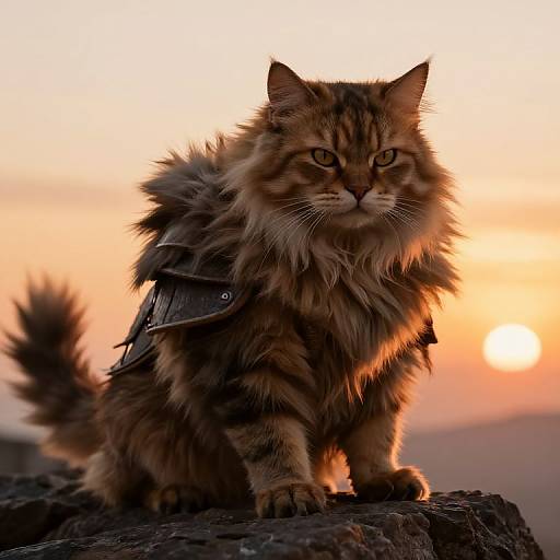 Photograph of a regal, long-haired tabby cat with fierce eyes, wearing a medieval-style shoulder armor, standing on a rock at sunset with