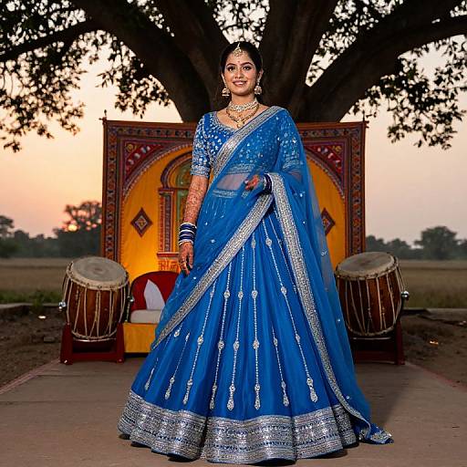 Photograph of a South Asian woman in a blue, silver-embellished traditional lehenga, standing in front of a sunset backdrop with large tree