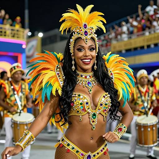Photograph of a smiling Black woman in vibrant Carnival costume with yellow, orange, and blue feathered headdress and matching accessories, performing on a brightly