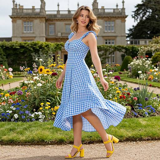 Photograph of a smiling woman in a blue gingham dress and yellow heels, walking through a vibrant, flower-filled garden with a grand, stone mansion