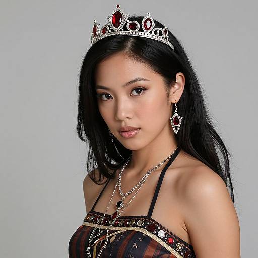 Photograph of an Asian woman with long black hair, wearing a silver tiara, intricate earrings, and a striped dress with jeweled details, against
