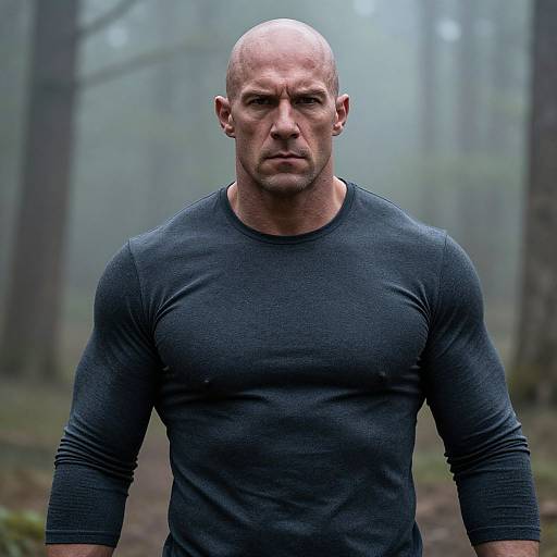 Photograph of a bald, muscular man with a serious expression, wearing a tight, dark gray, long-sleeve shirt, standing in a mist
