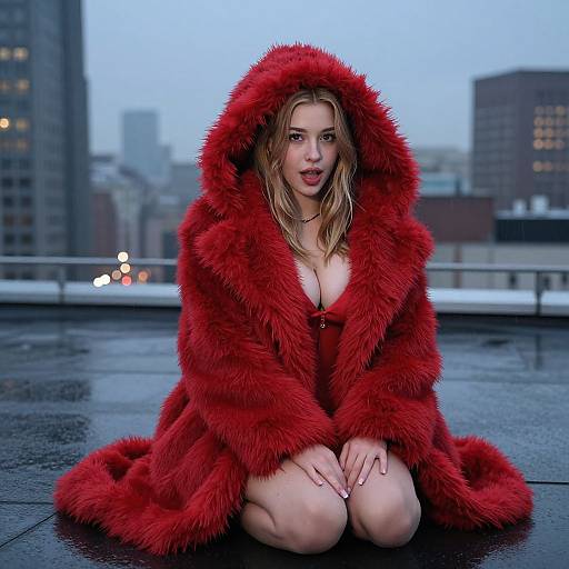 Photograph of a blonde woman with fair skin, kneeling on a rooftop, wearing a vivid red, fluffy hooded coat, exposing cleavage, against