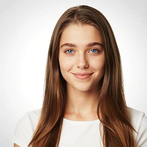 Photograph of a young woman with long brown hair, blue eyes, and fair skin, smiling softly against a plain white background. She wears a simple