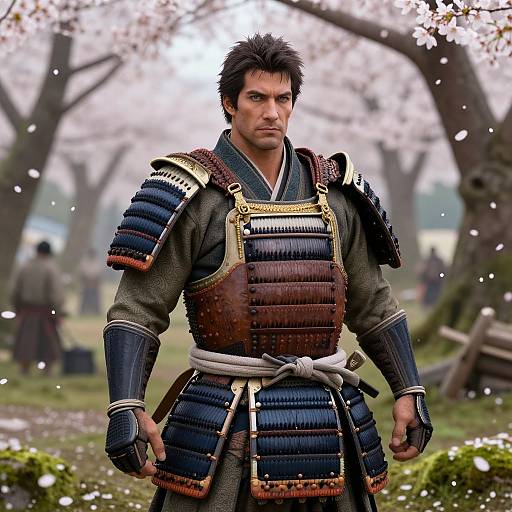 Photorealistic image of a serious, muscular Japanese samurai with dark hair, wearing detailed blue and brown armor, standing in a cherry blossom garden with