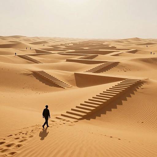 Photograph of a solitary figure in a black jacket walking on large, geometric steps carved into vast, sunlit orange sand dunes.