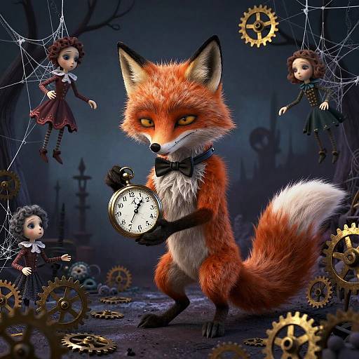 Whimsical Fox Holding Cracked Pocket Watch