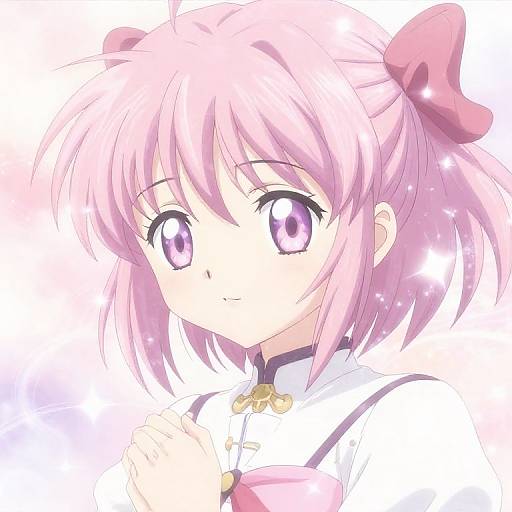 Digital anime-style drawing of a cute girl with pink hair, large purple eyes, and a pink bow, wearing a white and black outfit. Background is