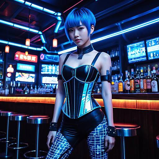 Cyberpunk Female Bartender in Neon Blue