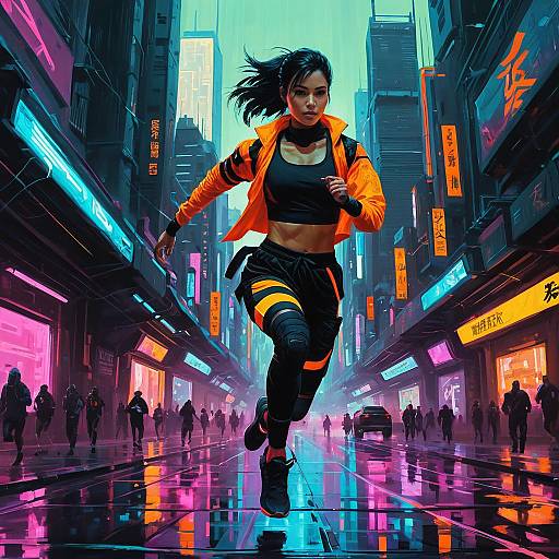 Neon Ninja Running in Cyberpunk City