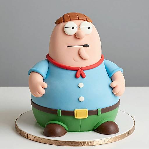 Photograph of a cartoon-style cake featuring a chubby, bald man with brown hair, wearing a blue shirt, red scarf, green pants, and brown