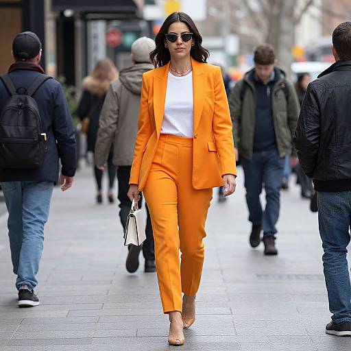 Photograph of a confident woman in a bright orange pantsuit, white top, and sunglasses, walking in a busy city street with blurred pedestrians.