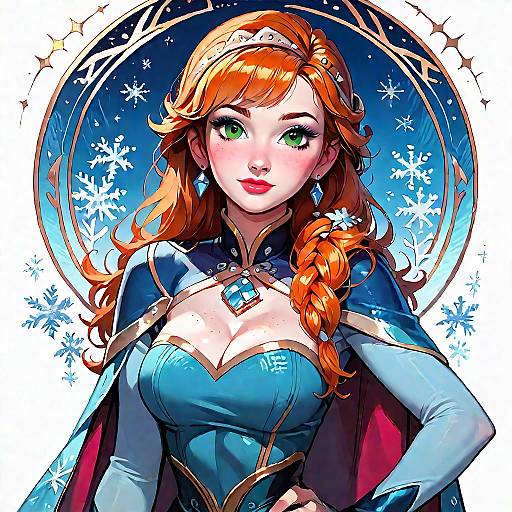 Digital illustration of a beautiful, red-haired, green-eyed woman in a blue, strapless, snowflake-patterned dress with a diamond necklace and cape