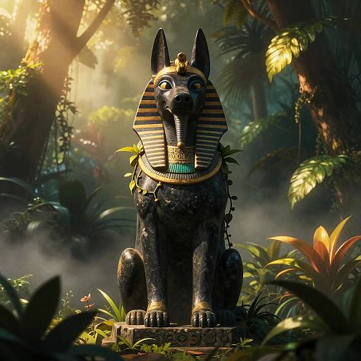 Ancient Anubis Statue in Jungle Mist