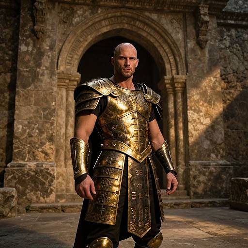 Photograph of a bald, muscular man in shiny golden Roman-style armor standing in front of a stone archway, sunlight casting shadows.