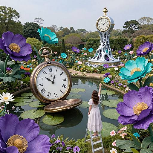 Photograph of a whimsical garden with oversized clock and pocket watch, purple and blue flowers, lily pads, and a girl in a white dress