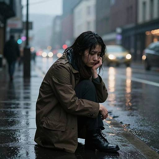 Photograph of a sad, wet-haired Asian man in a brown jacket, squatting on a rainy city street, hand on face, blurred city lights