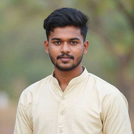 Photograph of a young Indian man with short black hair and beard, wearing a cream-colored traditional kurta, standing outdoors against a blurred green background.