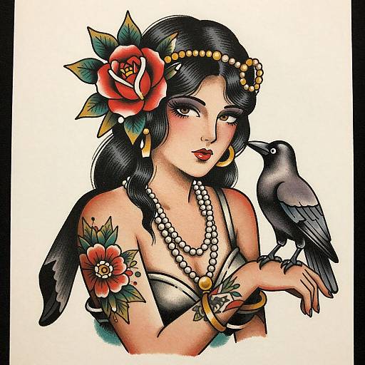 Traditional tattoo-style drawing of a dark-haired woman with red rose hairpiece, pearl necklace, and gold earrings, holding a black crow on her arm adorned