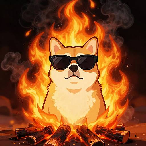 Digital illustration of a calm, white and orange Shiba Inu dog with black sunglasses, surrounded by bright, vivid flames, sitting in front of a