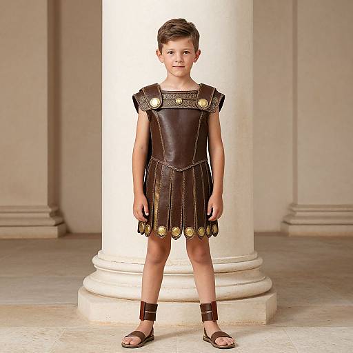 Photograph of a young boy with short brown hair, wearing a brown leather Roman-style tunic with gold accents, standing in front of a white column