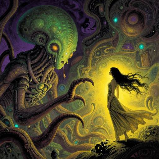 Digital illustration: Silhouetted woman with flowing hair stands before glowing yellow light, facing large, green, tentacled alien with dripping eyes in