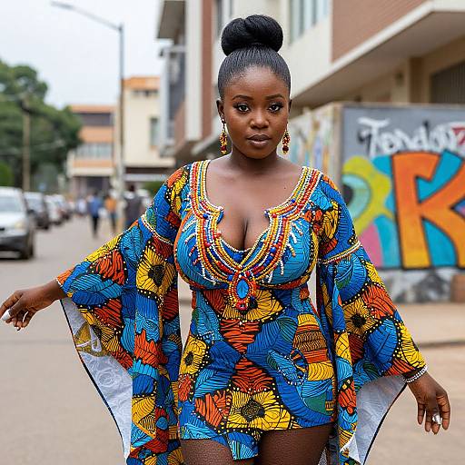 Photograph of a confident Black woman with a high bun, wearing a vibrant, colorful African print dress with wide sleeves, standing on a city street with