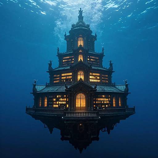 Underwater photograph of a glowing, ornate, multi-tiered Victorian-style building with illuminated windows, surrounded by deep blue ocean water.
