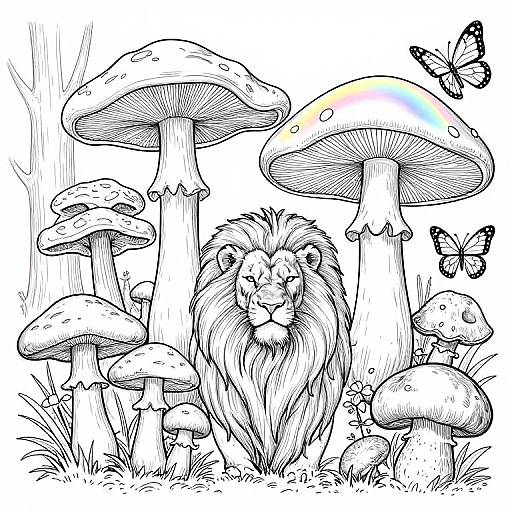 Black-and-white ink drawing: Lion with a mane sits among tall, spotted mushrooms, flanked by butterflies, in a forest-like setting.