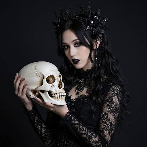 Gothic woman with black lace dress and dark makeup holds a white skull against a black background. Photograph, gothic style.