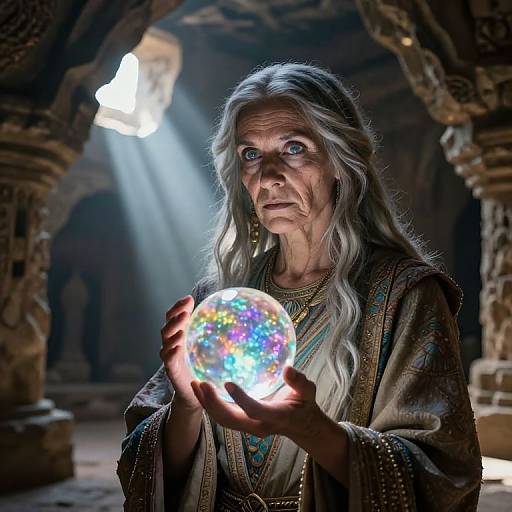 Photorealistic CGI of an elderly woman with long silver hair, holding a glowing, rainbow-colored orb in a dimly lit, ancient stone archway