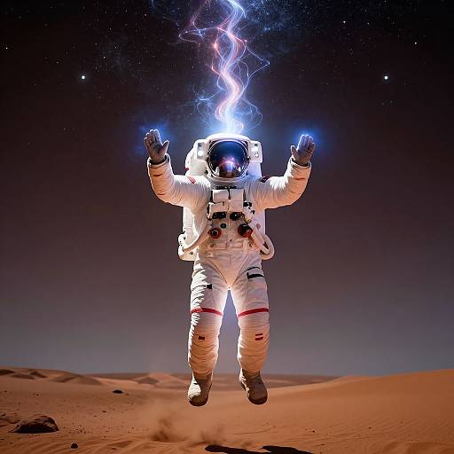 Photograph of an astronaut in a white spacesuit with glowing blue electricity emanating from their hands, floating above a desert-like planet with a starry