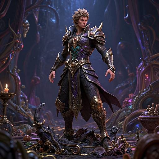Digital fantasy artwork of a muscular, blonde warrior in ornate black and gold armor, standing in a dimly lit, eerie, tentacle-filled cavern