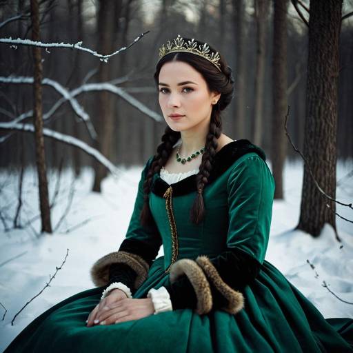Young Woman in Vintage Green Dress and Crown in Snowy Forest