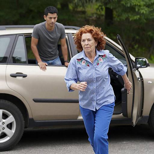 Middle-aged woman running from beige SUV