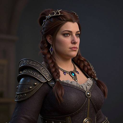 Digital art of a stern-faced woman with braided brown hair, wearing medieval armor, a dark dress, and jeweled necklace, set against a dark