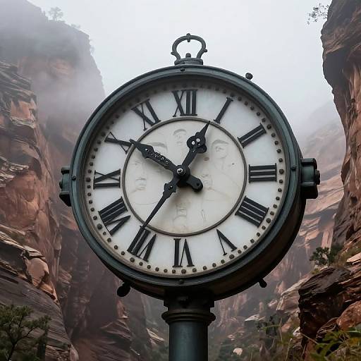 Vintage-style clock with Roman numerals in a misty, narrow canyon with towering, rugged rock formations in the background.
