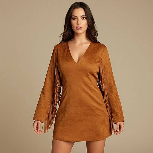 Photograph of a dark-haired woman wearing a brown suede V-neck dress with long fringe sleeves, standing against a plain beige background.