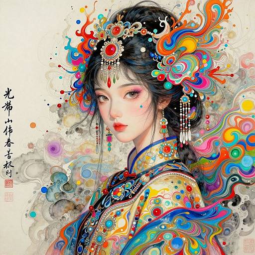 Digital artwork of an Asian woman with black hair, colorful abstract floral headdress, red gem forehead piece, and intricate, vibrant kimono. Chinese characters