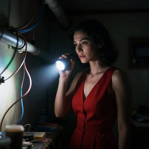 Woman in Red Dress Illuminating Cluttered Room
