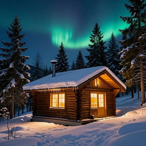 Photograph of a wooden cabin with snow-covered roof, glowing windows, and icicles, illuminated by vibrant green Northern Lights, surrounded by snow-covered ever