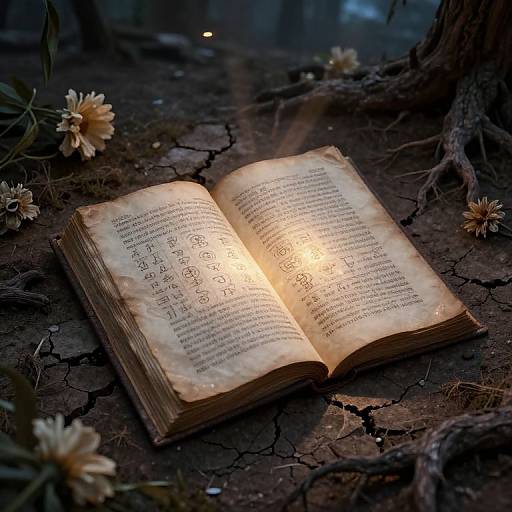 Photograph of an aged, glowing book with illuminated text, lying on a cracked forest floor surrounded by white flowers and roots.
