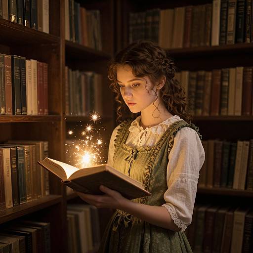 Photograph of a young woman with curly brown hair, wearing a green pinafore dress over a white blouse, reading a glowing book in a dim