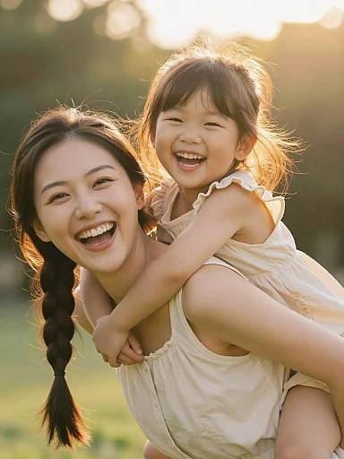 Joyful Asian Mother Carrying Daughter Outdoors