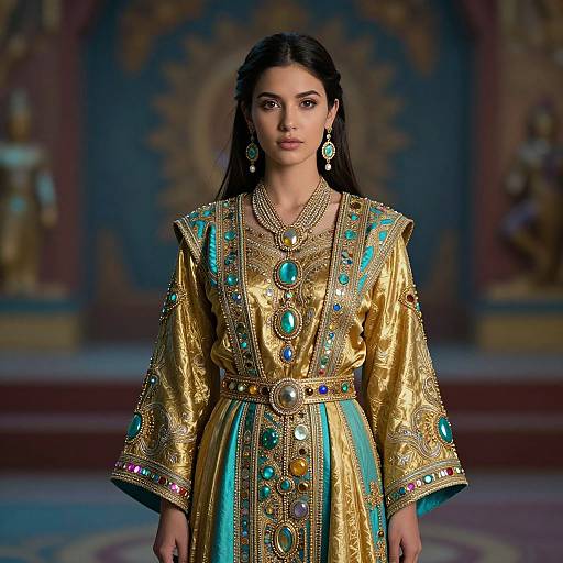 Photograph of a young woman with long black hair, wearing an ornate gold and turquoise embroidered traditional dress, with large turquoise and silver gemstones,