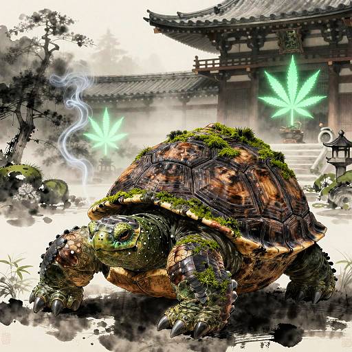 Relaxed Samurai Turtle in Foggy Japanese Garden