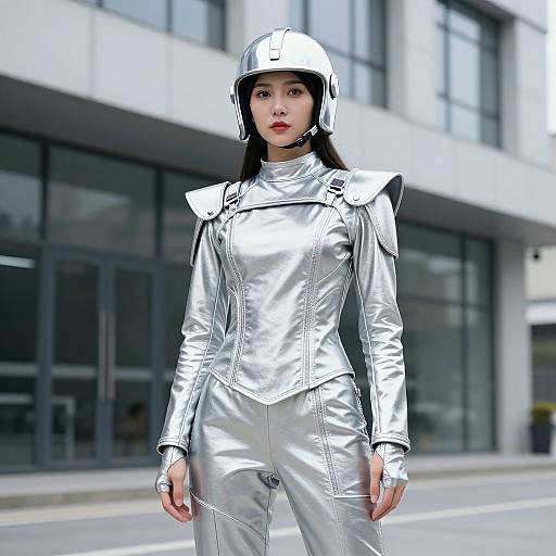 Asian woman in metallic silver futuristic outfit and helmet stands in front of modern glass building; photo with realistic style.