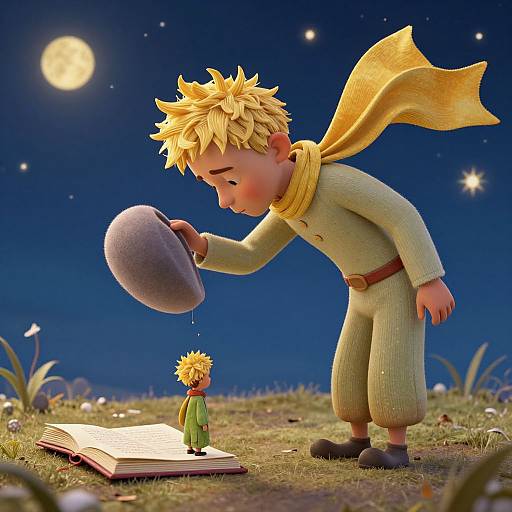 CGI illustration of a blonde boy in a yellow scarf and green outfit, tipping a hat over a small doll in a grassy field under a moon