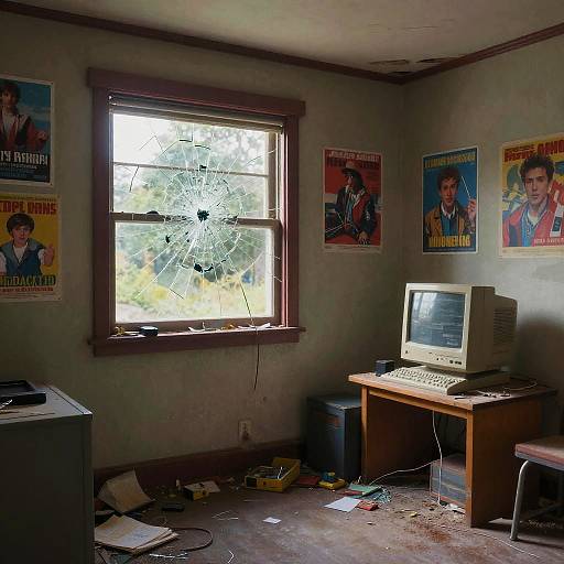 Photograph of a neglected, dusty room with a shattered window, old CRT computer, cluttered floor, and vintage movie posters on gray walls.