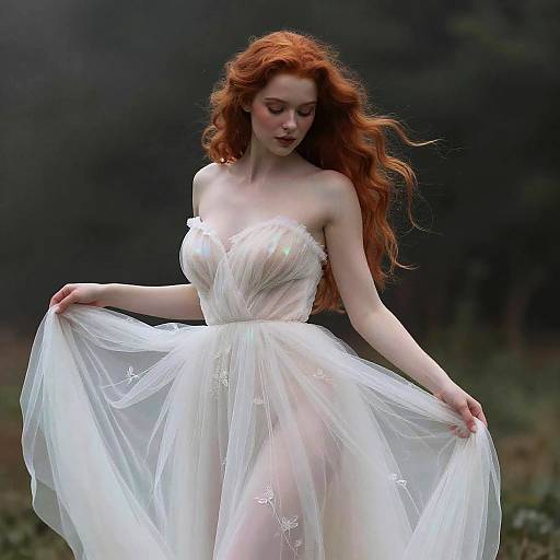 Photograph of a fair-skinned, red-haired woman with long wavy hair, wearing a strapless, white, sheer, floral-embell